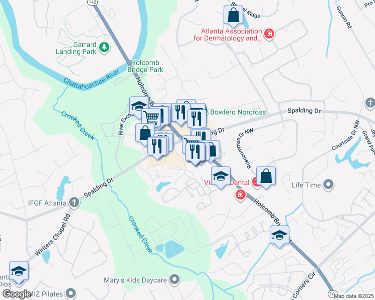 map of restaurants, bars, coffee shops, grocery stores, and more near 4047 Holcomb Bridge Road in Peachtree Corners
