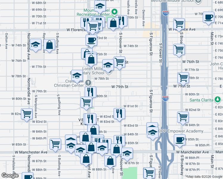 map of restaurants, bars, coffee shops, grocery stores, and more near 836 West 79th Street in Los Angeles