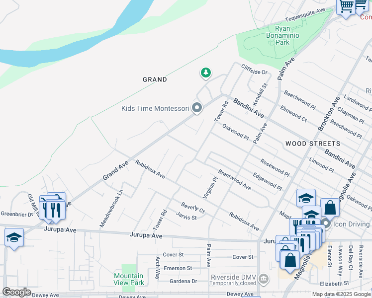 map of restaurants, bars, coffee shops, grocery stores, and more near 4822 Charlotte Way in Riverside