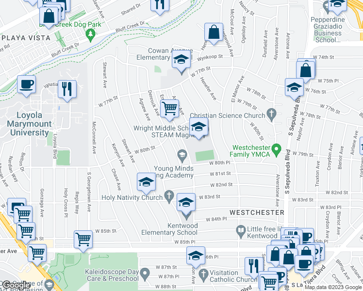 map of restaurants, bars, coffee shops, grocery stores, and more near 8029 Emerson Avenue in Los Angeles