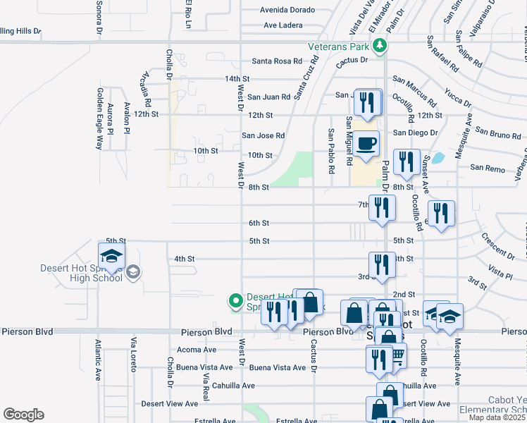 map of restaurants, bars, coffee shops, grocery stores, and more near in Desert Hot Springs