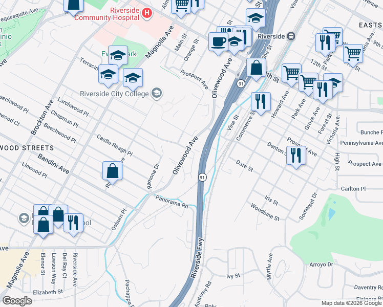 map of restaurants, bars, coffee shops, grocery stores, and more near in Riverside