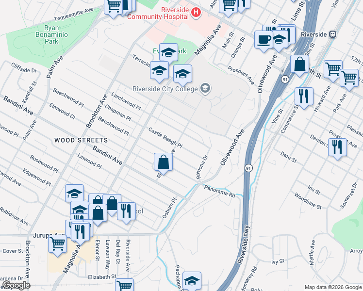 map of restaurants, bars, coffee shops, grocery stores, and more near 3565 Castle Reagh Place in Riverside