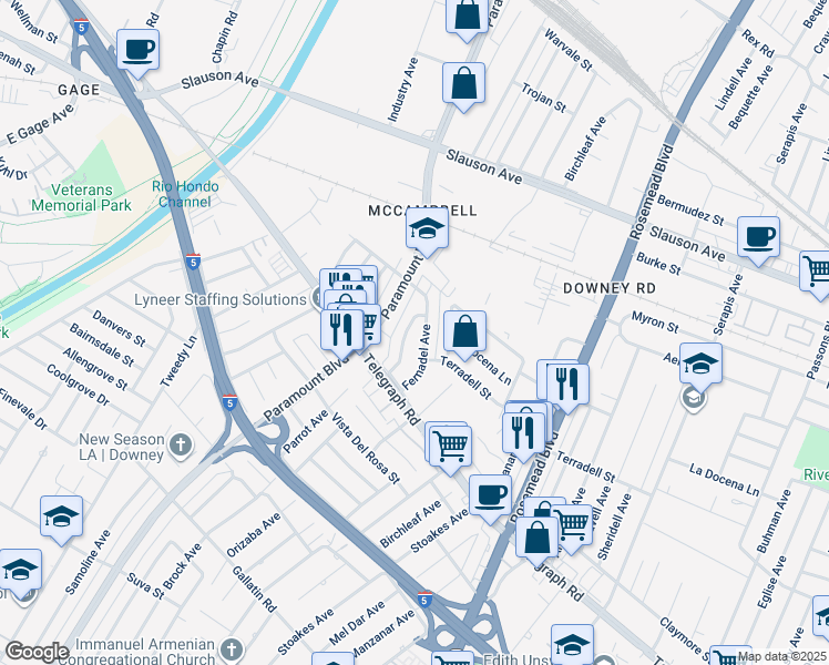 map of restaurants, bars, coffee shops, grocery stores, and more near 8244 Fernadel Avenue in Pico Rivera