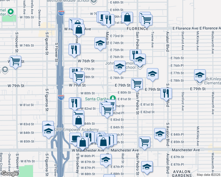 map of restaurants, bars, coffee shops, grocery stores, and more near 7912 South Main Street in Los Angeles