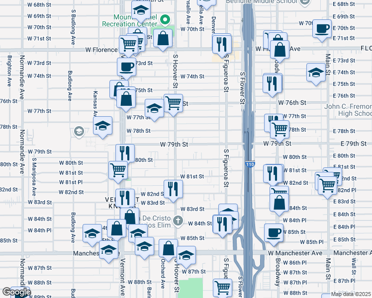 map of restaurants, bars, coffee shops, grocery stores, and more near 704 West 79th Street in Los Angeles