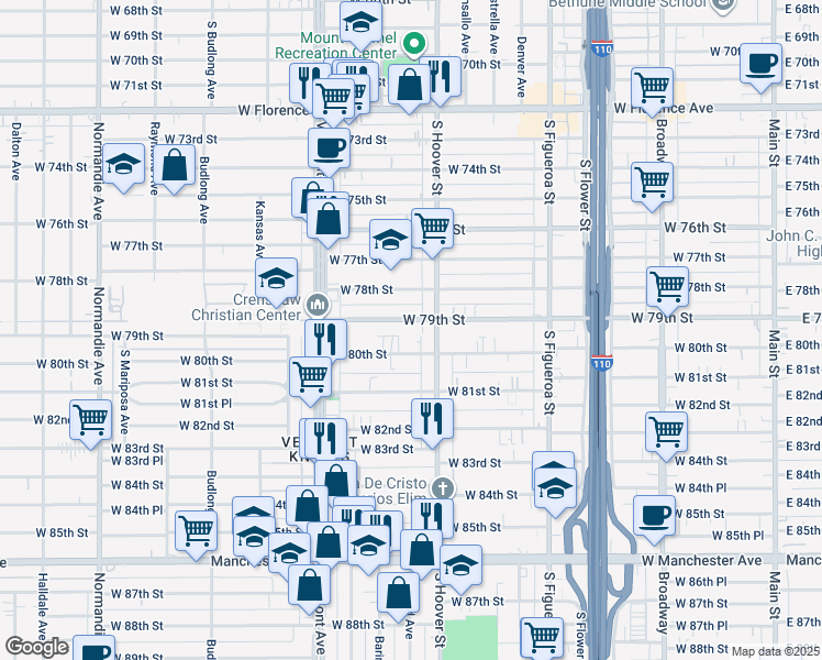 map of restaurants, bars, coffee shops, grocery stores, and more near 840 West 79th Street in Los Angeles