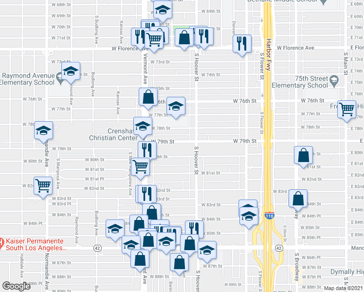 map of restaurants, bars, coffee shops, grocery stores, and more near 840 West 79th Street in Los Angeles