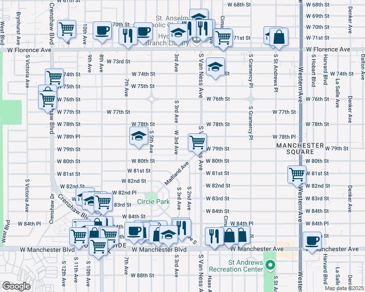 map of restaurants, bars, coffee shops, grocery stores, and more near 2403 West 79th Street in Inglewood