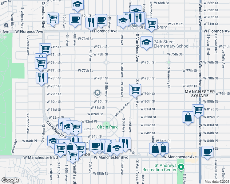 map of restaurants, bars, coffee shops, grocery stores, and more near 2511 West 79th Street in Inglewood