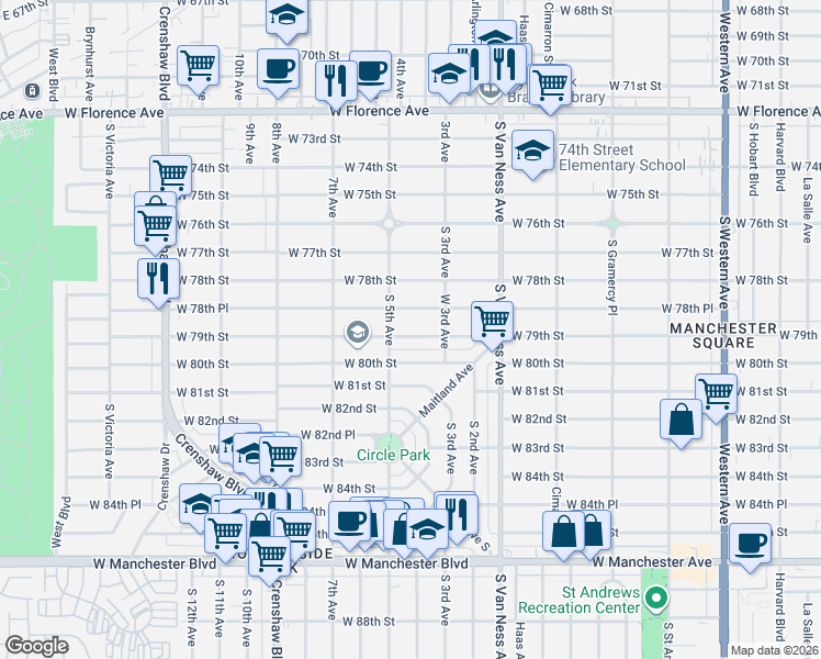 map of restaurants, bars, coffee shops, grocery stores, and more near 2511 West 79th Street in Inglewood