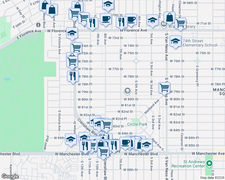 map of restaurants, bars, coffee shops, grocery stores, and more near 3017 West 79th Street in Inglewood
