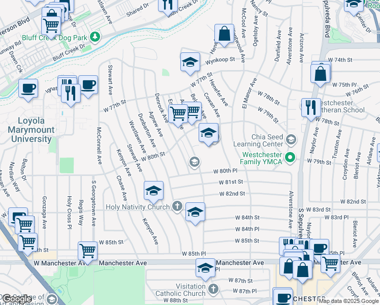 map of restaurants, bars, coffee shops, grocery stores, and more near 8029 Emerson Avenue in Los Angeles