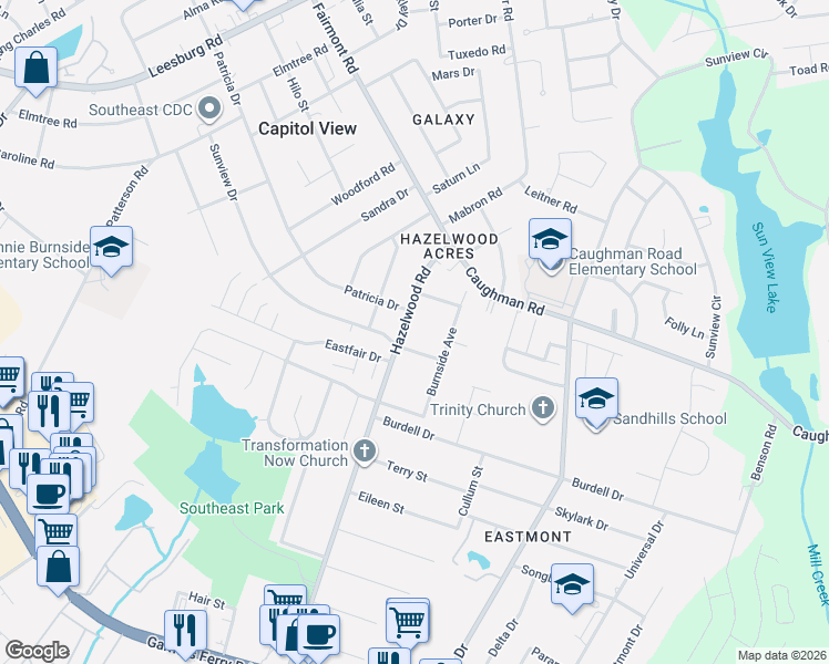 map of restaurants, bars, coffee shops, grocery stores, and more near in Hazelwood Acres