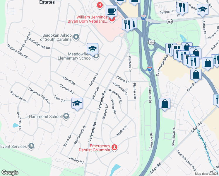 map of restaurants, bars, coffee shops, grocery stores, and more near 608 Rockwood Road in Columbia