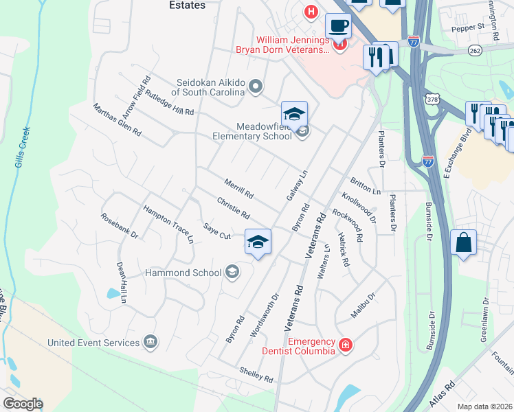 map of restaurants, bars, coffee shops, grocery stores, and more near 6519 Christie Road in Columbia