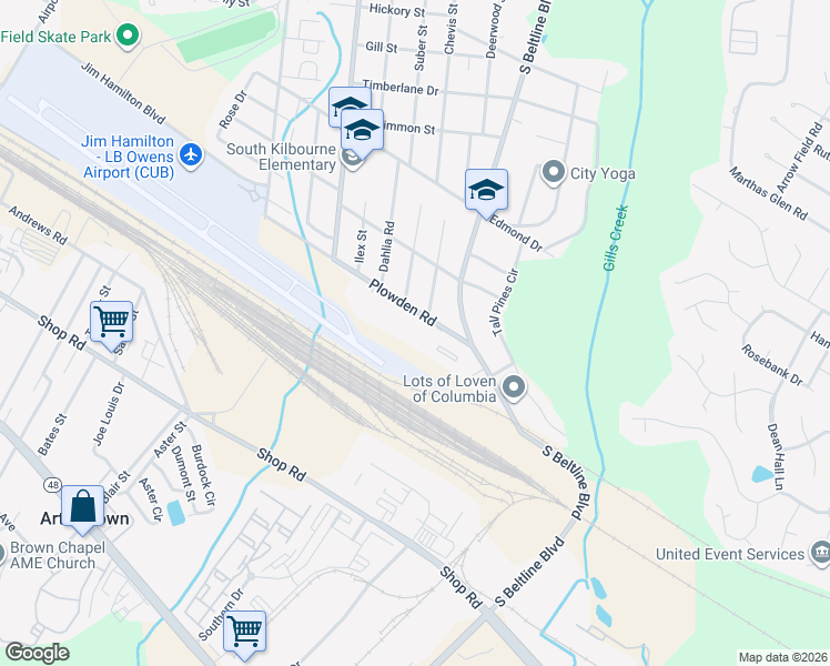 map of restaurants, bars, coffee shops, grocery stores, and more near 22 Plowden Road in Columbia