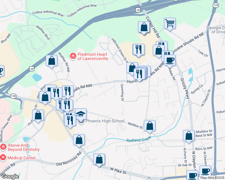 map of restaurants, bars, coffee shops, grocery stores, and more near 559 Whitehall Lane in Lawrenceville