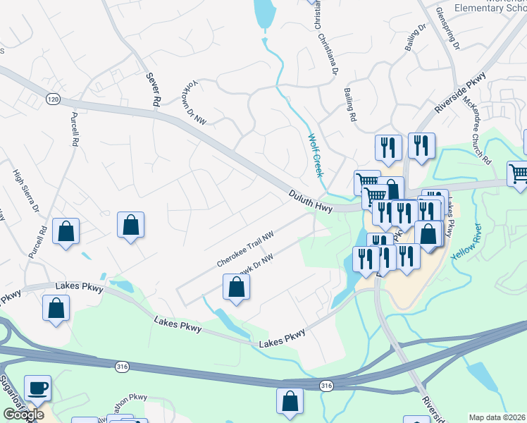map of restaurants, bars, coffee shops, grocery stores, and more near 1271 Howard Way in Lawrenceville