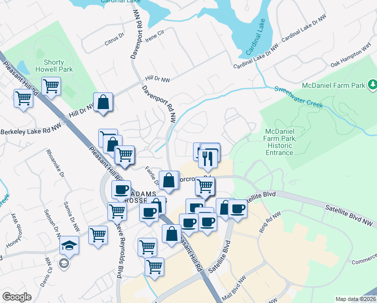 map of restaurants, bars, coffee shops, grocery stores, and more near 2528 Moorcroft Lane in Duluth