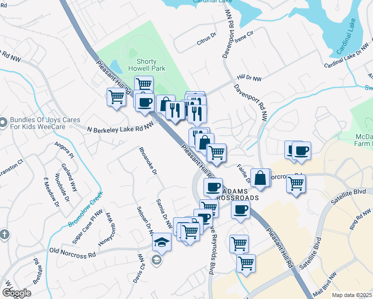 map of restaurants, bars, coffee shops, grocery stores, and more near 2493 Pleasant Hill Road in Duluth