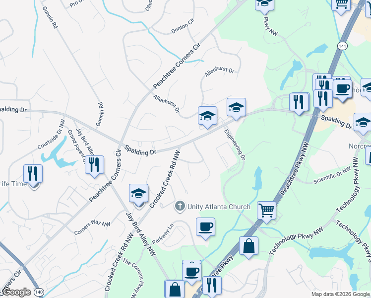 map of restaurants, bars, coffee shops, grocery stores, and more near 5816 Spalding Drive in Norcross