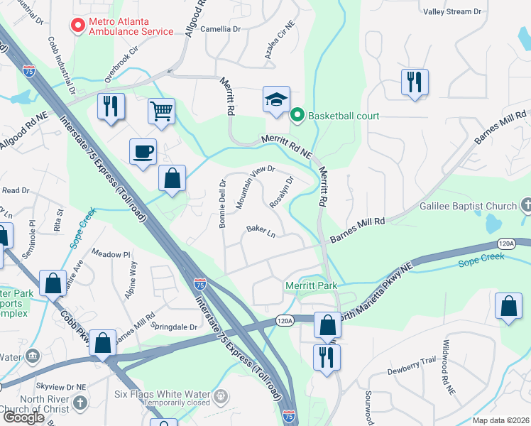 map of restaurants, bars, coffee shops, grocery stores, and more near 1121 Baker Lane in Marietta