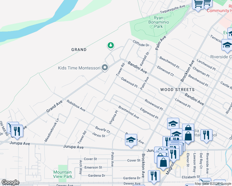 map of restaurants, bars, coffee shops, grocery stores, and more near 4657 Edgewood Place in Riverside