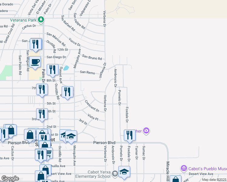 map of restaurants, bars, coffee shops, grocery stores, and more near 11115 Ambrosio Drive in Desert Hot Springs