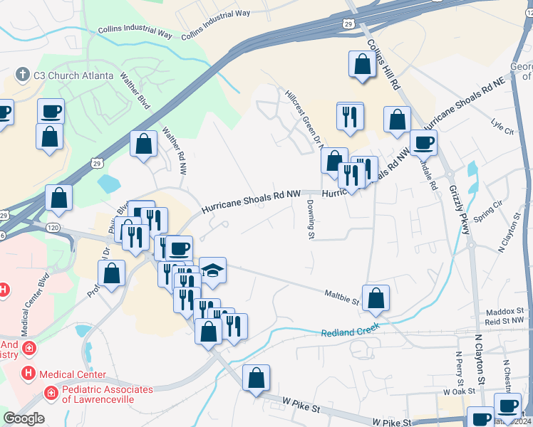 map of restaurants, bars, coffee shops, grocery stores, and more near 295 Haymarket Lane in Lawrenceville