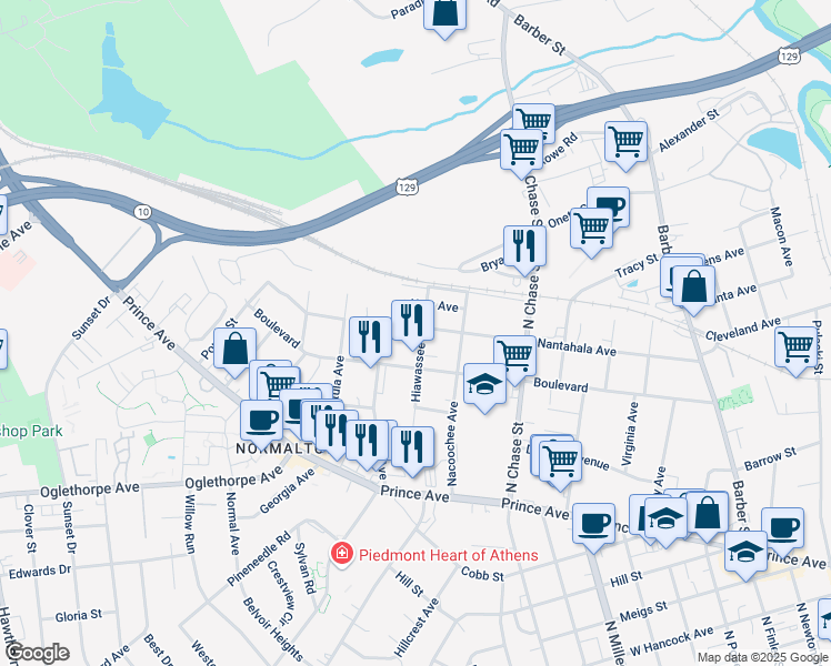 map of restaurants, bars, coffee shops, grocery stores, and more near 295 Hiawassee Avenue in Athens