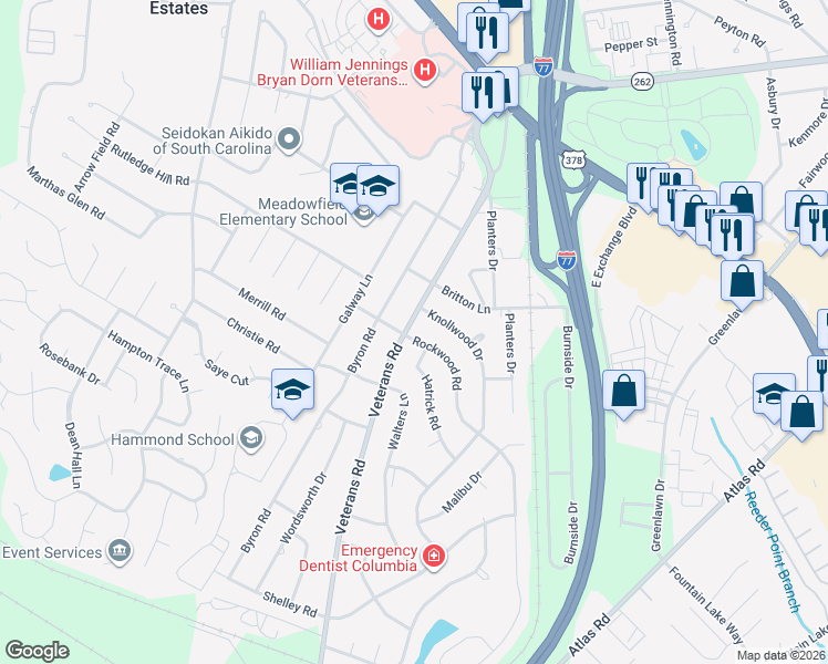 map of restaurants, bars, coffee shops, grocery stores, and more near 608 Rockwood Road in Columbia