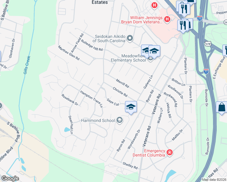 map of restaurants, bars, coffee shops, grocery stores, and more near 6412 Christie Road in Columbia