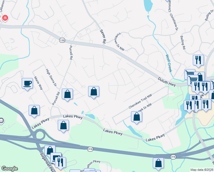 map of restaurants, bars, coffee shops, grocery stores, and more near 1290 Opal Circle in Lawrenceville