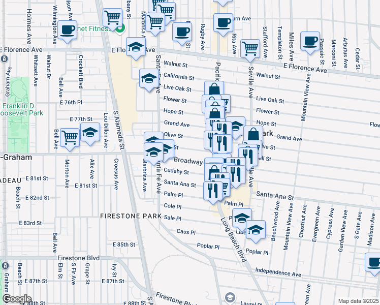 map of restaurants, bars, coffee shops, grocery stores, and more near in Walnut Park