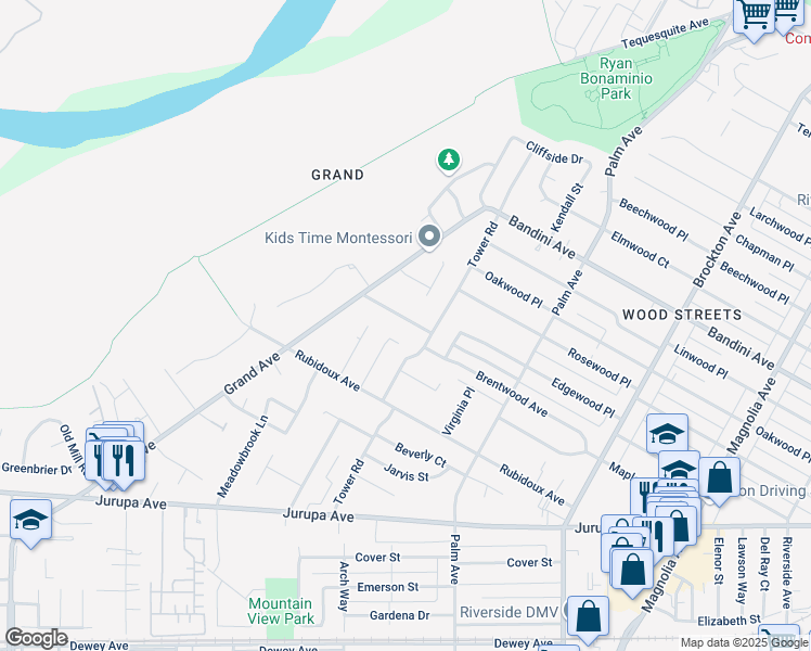 map of restaurants, bars, coffee shops, grocery stores, and more near 4822 Charlotte Way in Riverside