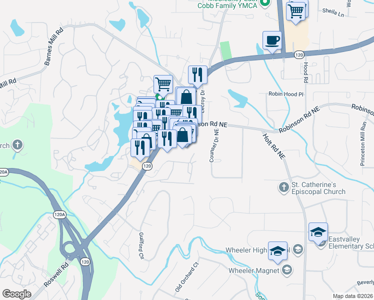 map of restaurants, bars, coffee shops, grocery stores, and more near 2100 Roswell Road in Marietta