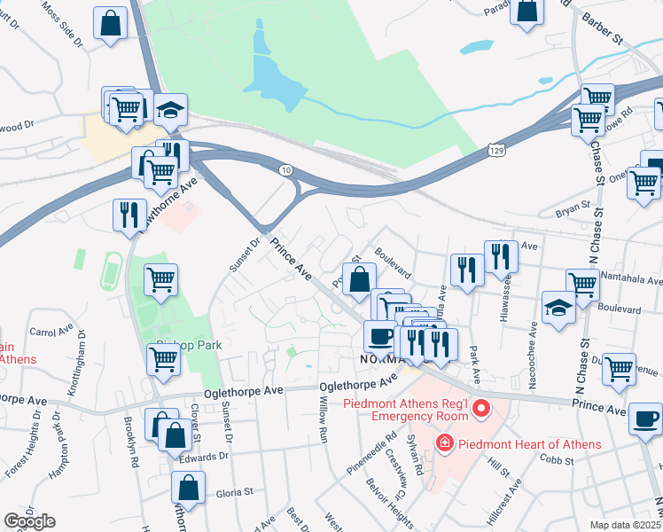 map of restaurants, bars, coffee shops, grocery stores, and more near 105 Sylvia Circle in Athens