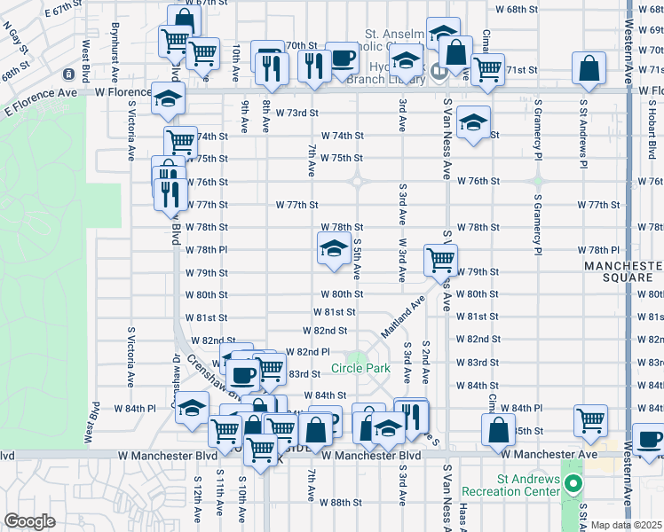map of restaurants, bars, coffee shops, grocery stores, and more near 2703 West 79th Street in Inglewood