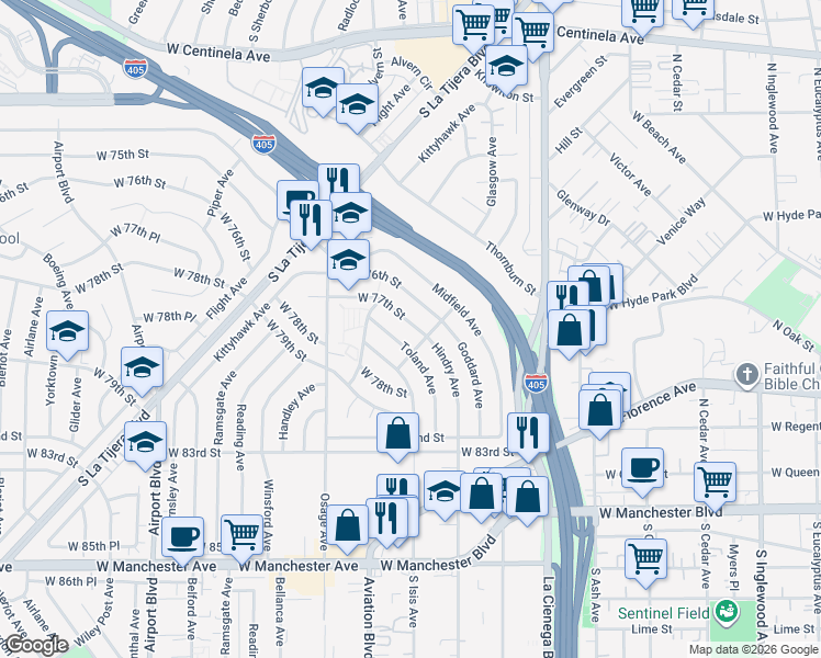 map of restaurants, bars, coffee shops, grocery stores, and more near 5418 West 77th Street in Los Angeles