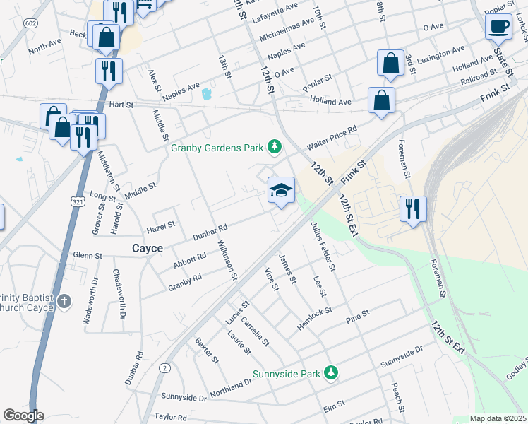 map of restaurants, bars, coffee shops, grocery stores, and more near 103 Ann Lane in Cayce