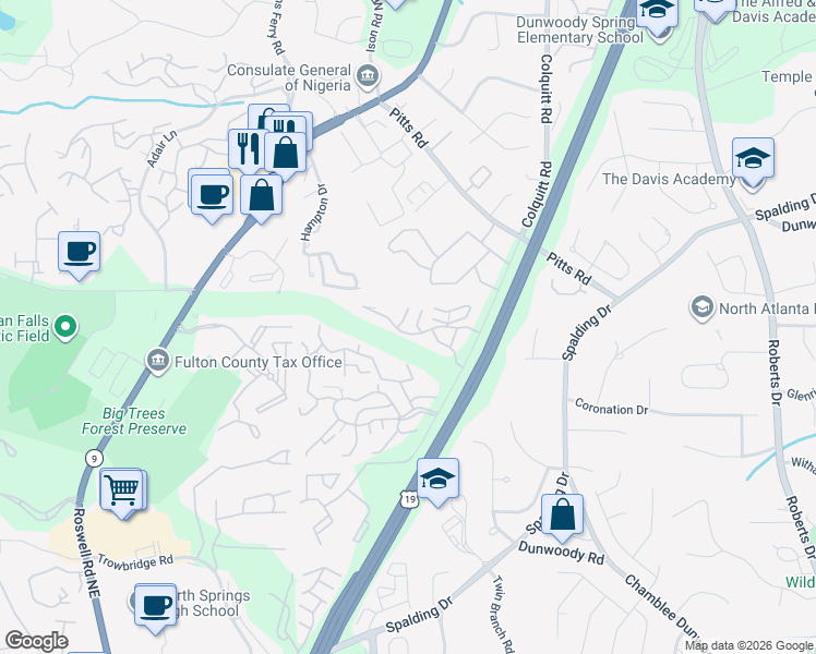 map of restaurants, bars, coffee shops, grocery stores, and more near 3001 Wingate Way in Sandy Springs