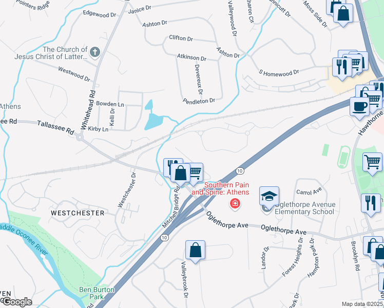 map of restaurants, bars, coffee shops, grocery stores, and more near 200 Elder Road in Athens