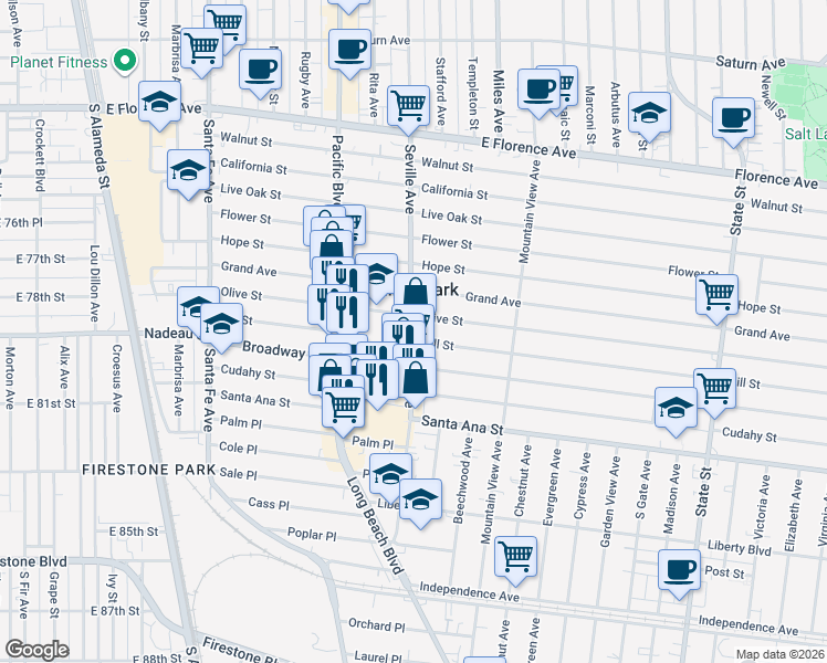 map of restaurants, bars, coffee shops, grocery stores, and more near 7814 Seville Avenue in Walnut Park