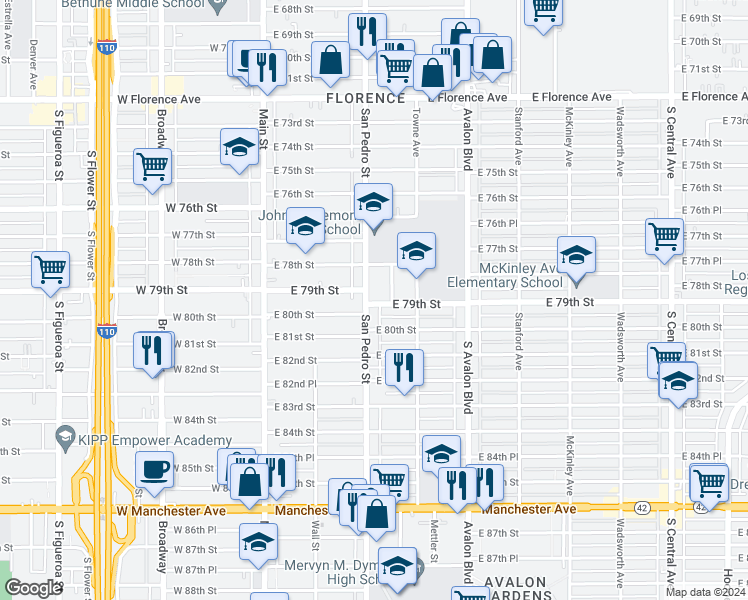 map of restaurants, bars, coffee shops, grocery stores, and more near 307 East 79th Street in Los Angeles