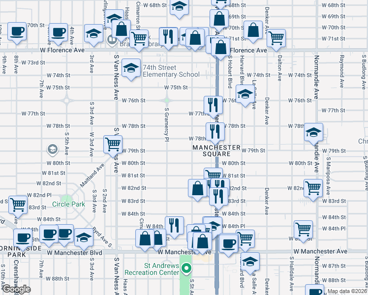 map of restaurants, bars, coffee shops, grocery stores, and more near 1917 West 79th Street in Los Angeles