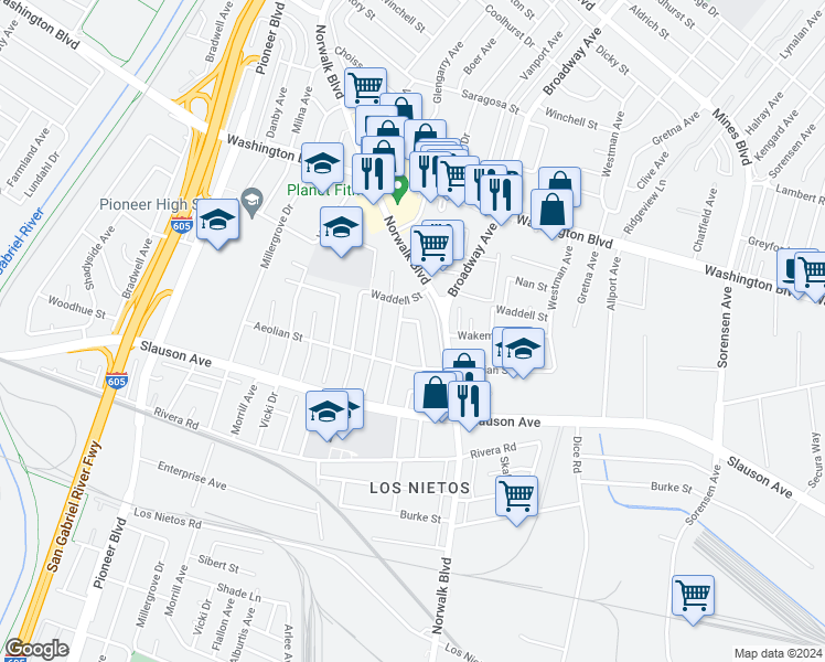 map of restaurants, bars, coffee shops, grocery stores, and more near 8351 Vanport Avenue in Whittier