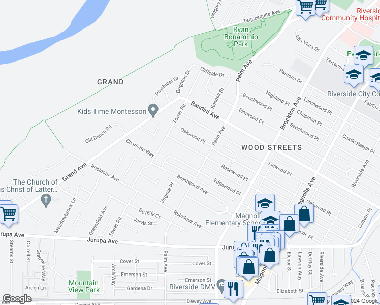 map of restaurants, bars, coffee shops, grocery stores, and more near 4624 Rosewood Place in Riverside