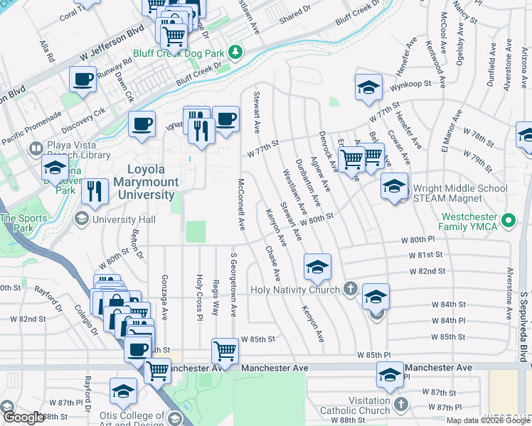 map of restaurants, bars, coffee shops, grocery stores, and more near 7919 Kenyon Avenue in Los Angeles