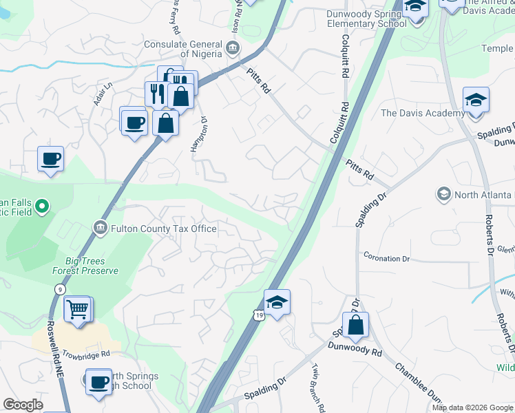map of restaurants, bars, coffee shops, grocery stores, and more near 3001 Wingate Way in Sandy Springs